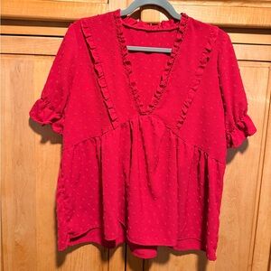 Red Ruffled V-Neck Women's Top